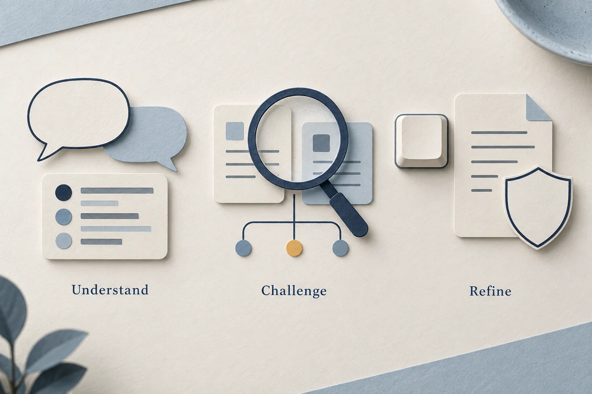 Paper illustrations of a domain walkthrough, source and failure-state review, and accessibility and implementation refinement
