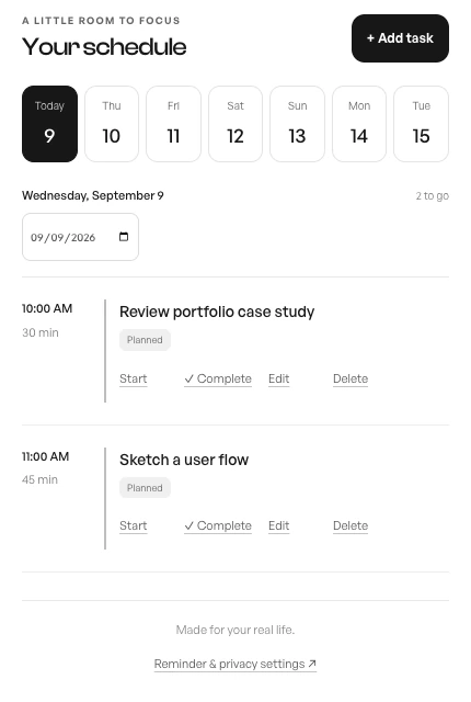 Aura mobile schedule showing two example tasks and their actions