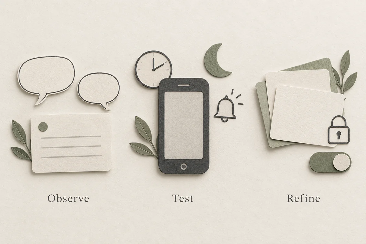 Paper illustrations of observing task choices, testing device reminders and refining local privacy controls