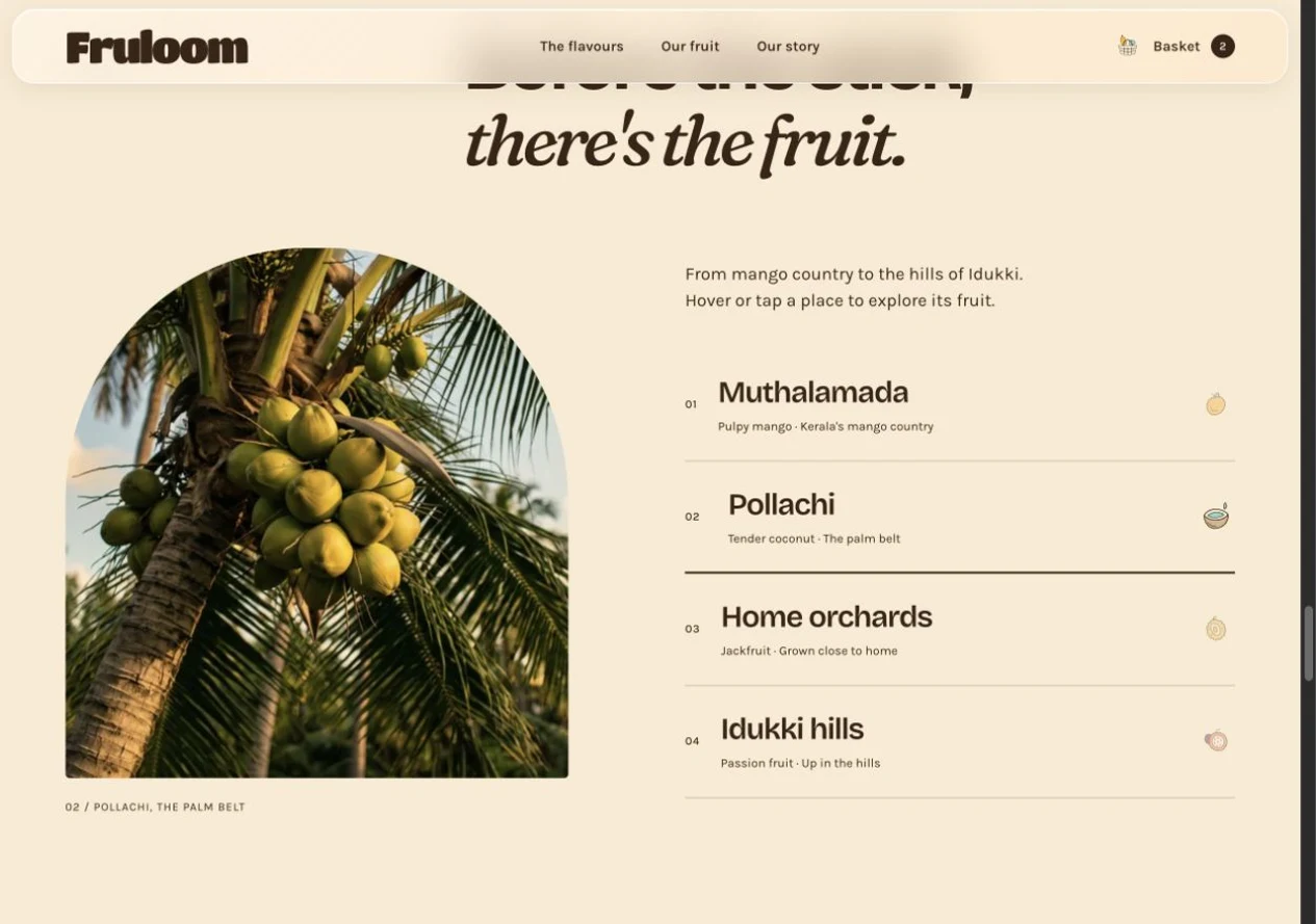Fruloom orchard index with the coconut origin preview selected