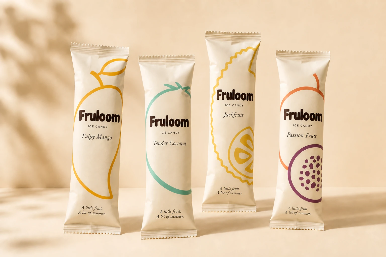 Four Fruloom wrapper concepts using the flavour colours and fruit illustrations