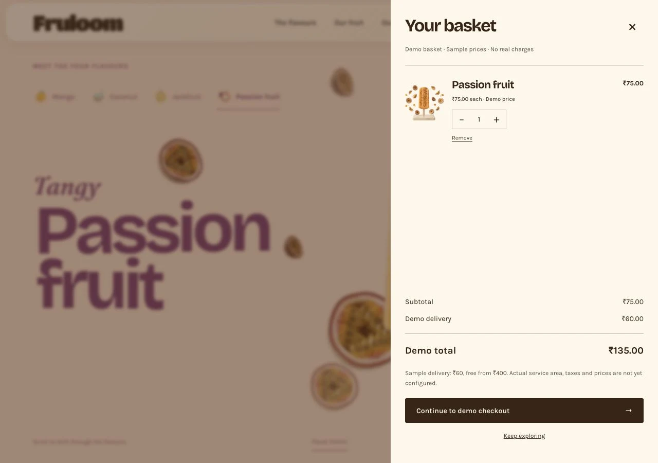 Add an item · The basket opens with a clear quantity and total.
