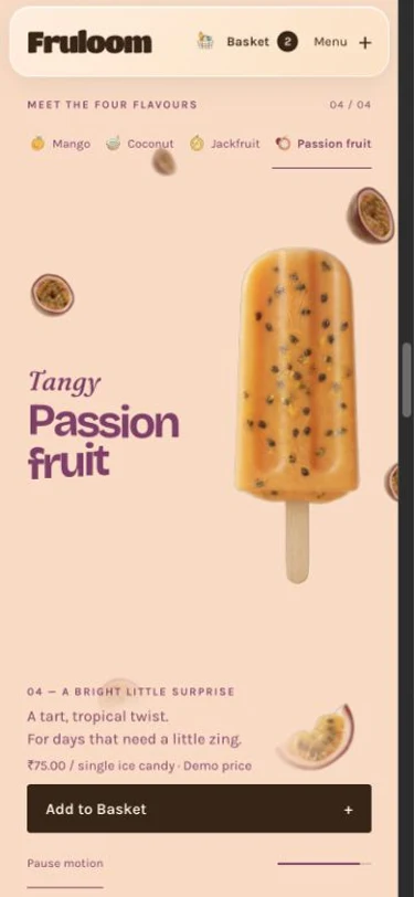 Mobile Fruloom flavour selection with labelled tabs and a large product view