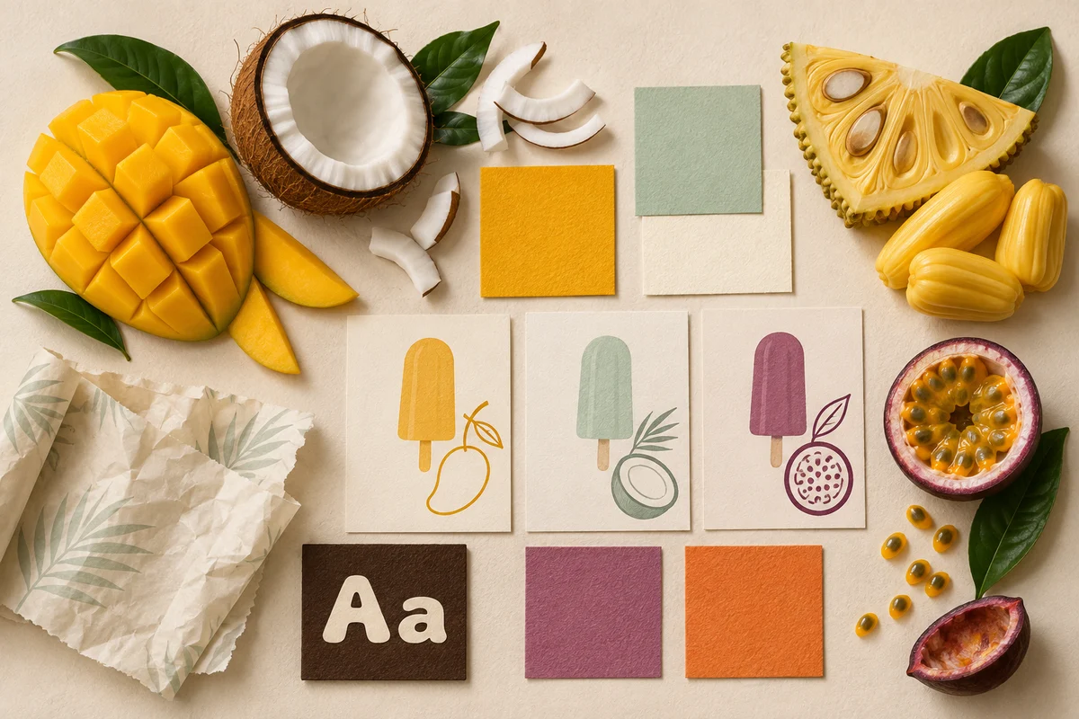 A tactile Fruloom art-direction board with fruit, product forms and flavour colours