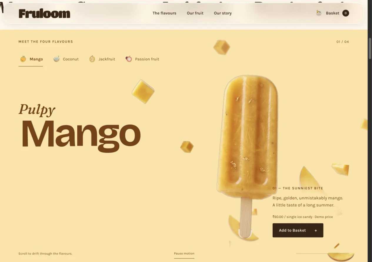 Mango · Product, description, sample price and basket action in one view.
