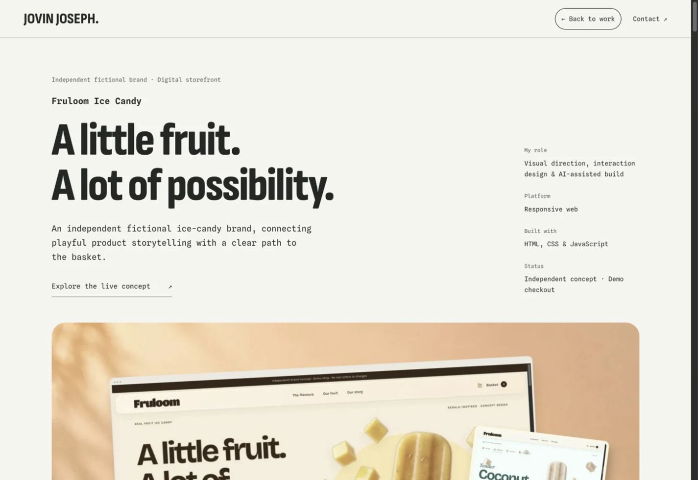 The Fruloom case study showing its chapter index and matched low-fidelity and real homepage screens