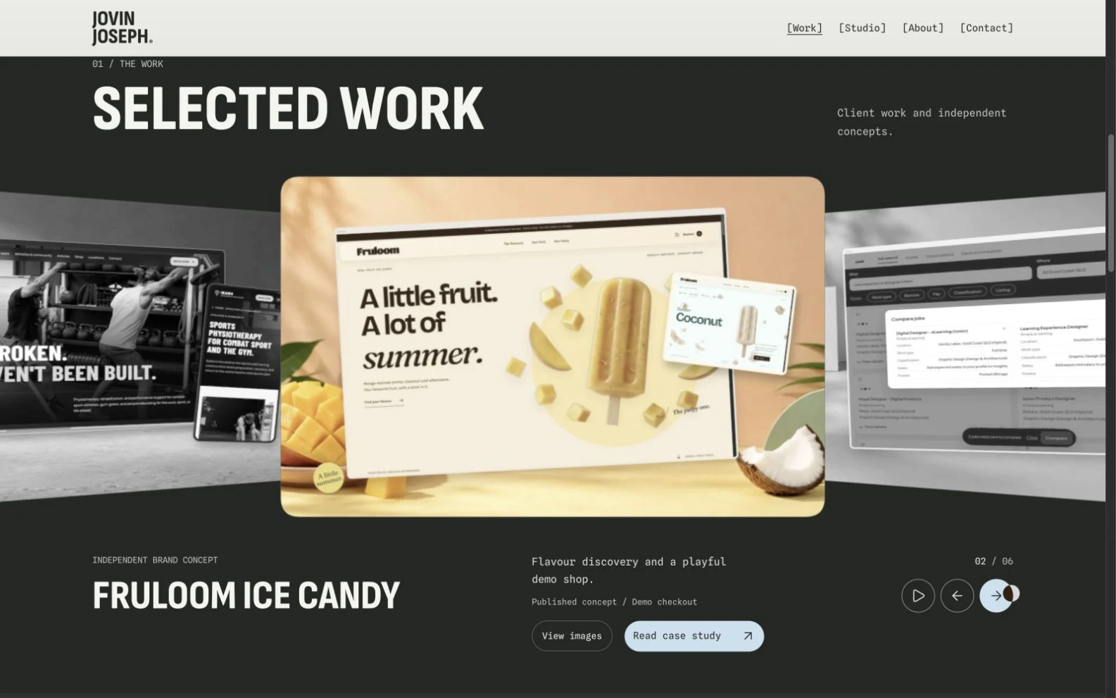 Actual selected-work gallery with the same project framing, caption, actions and navigation controls