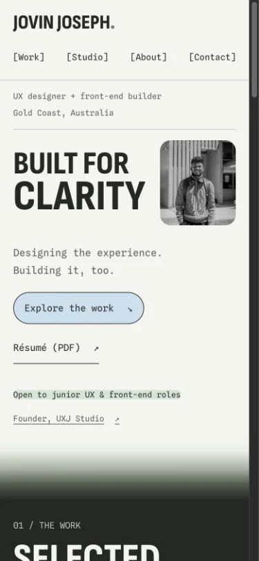 Current portfolio on mobile with its introduction, portrait and direct work action