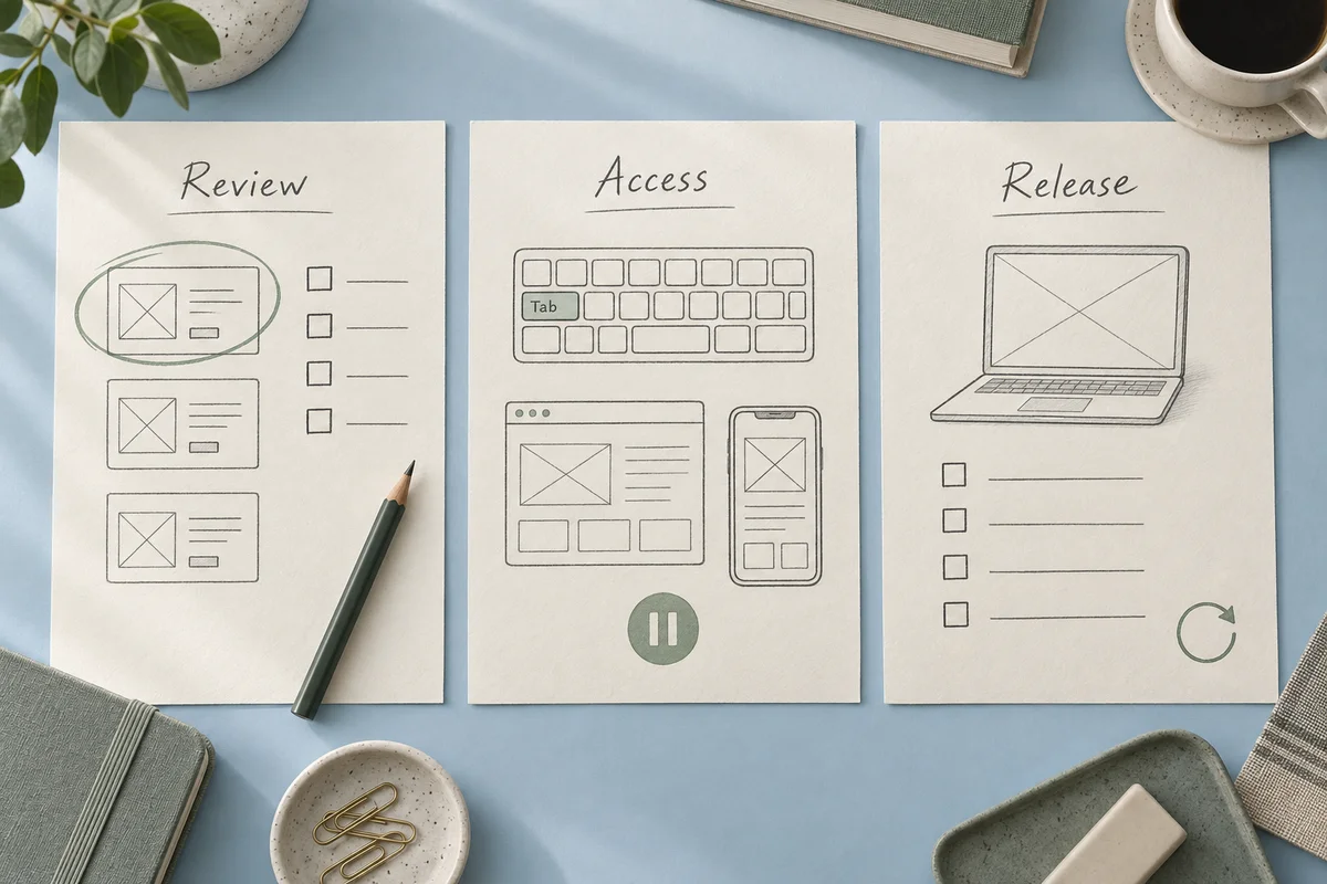 Planned review, accessibility and release activities illustrated on three paper panels