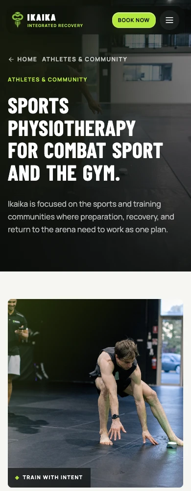 Ikaika Athletes and Community page on mobile with booking, service heading and training image