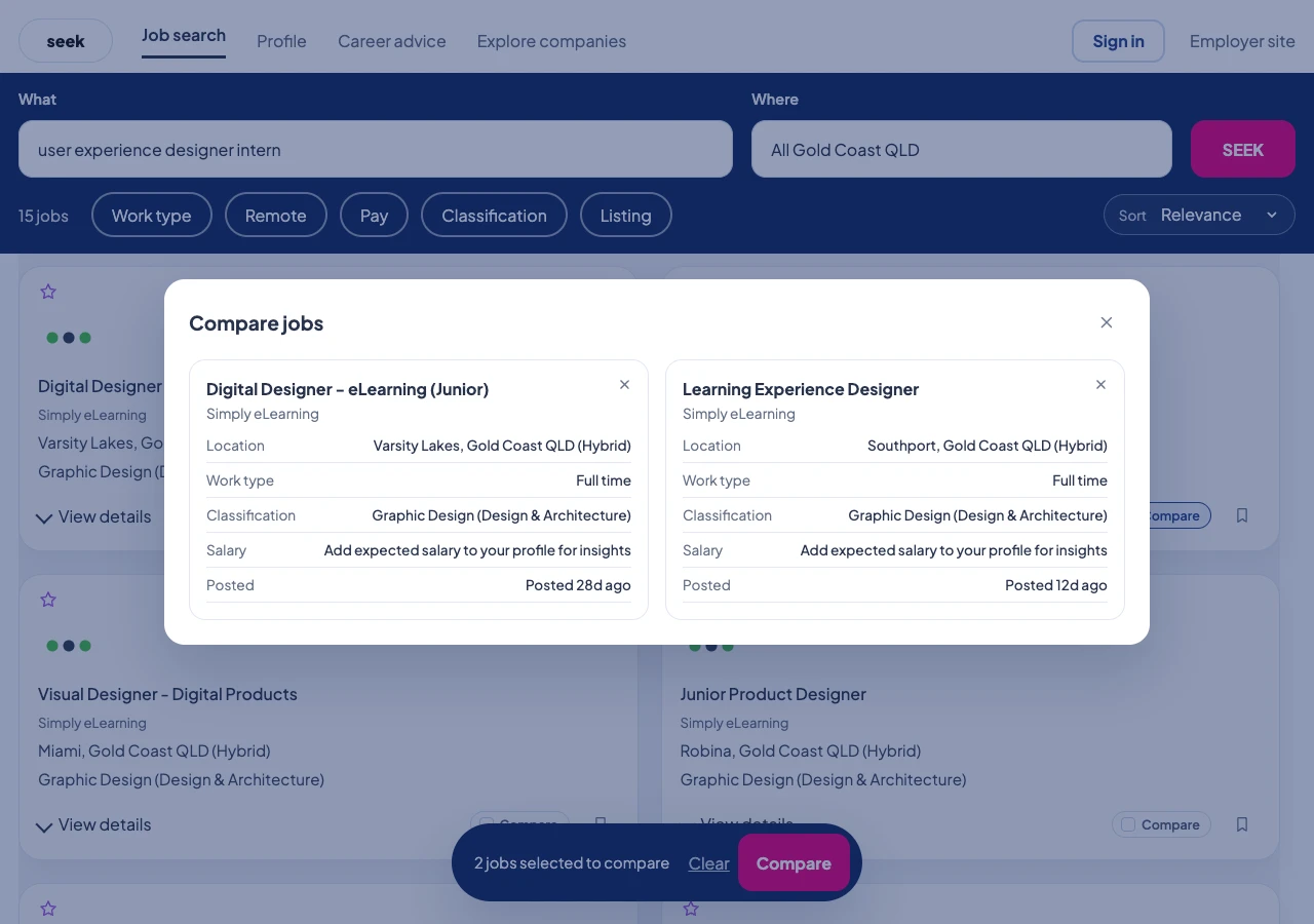 Actual SEEK comparison dialog with the same two roles, fact rows and selection tray