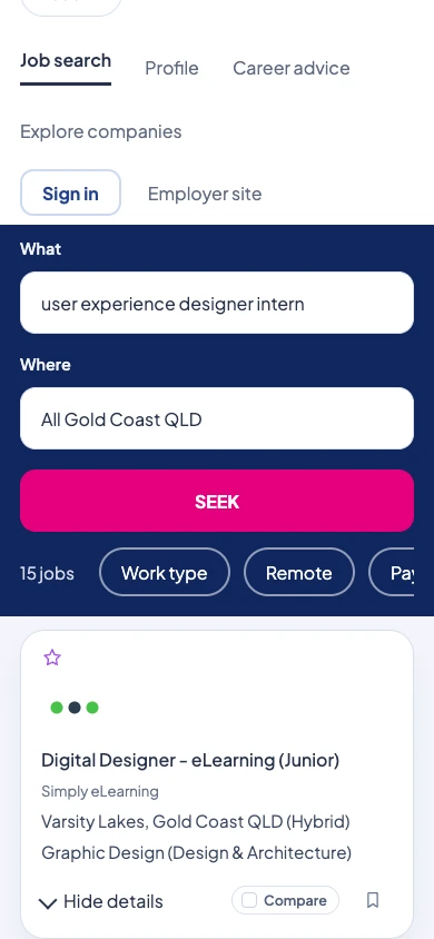 Mobile SEEK prototype with stacked search inputs and a job card showing its details and compare controls