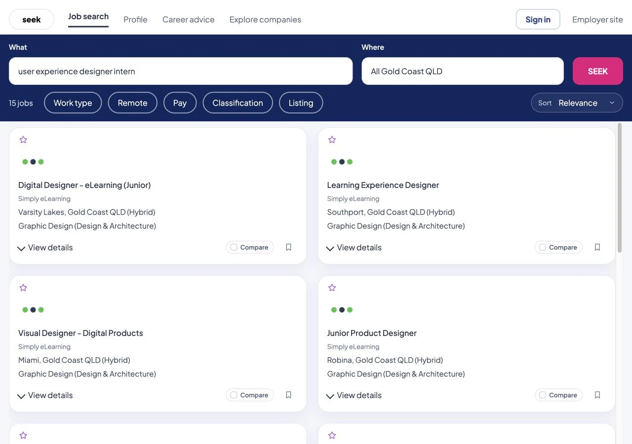 SEEK concept results page with compact job cards, What and Where fields and filter controls