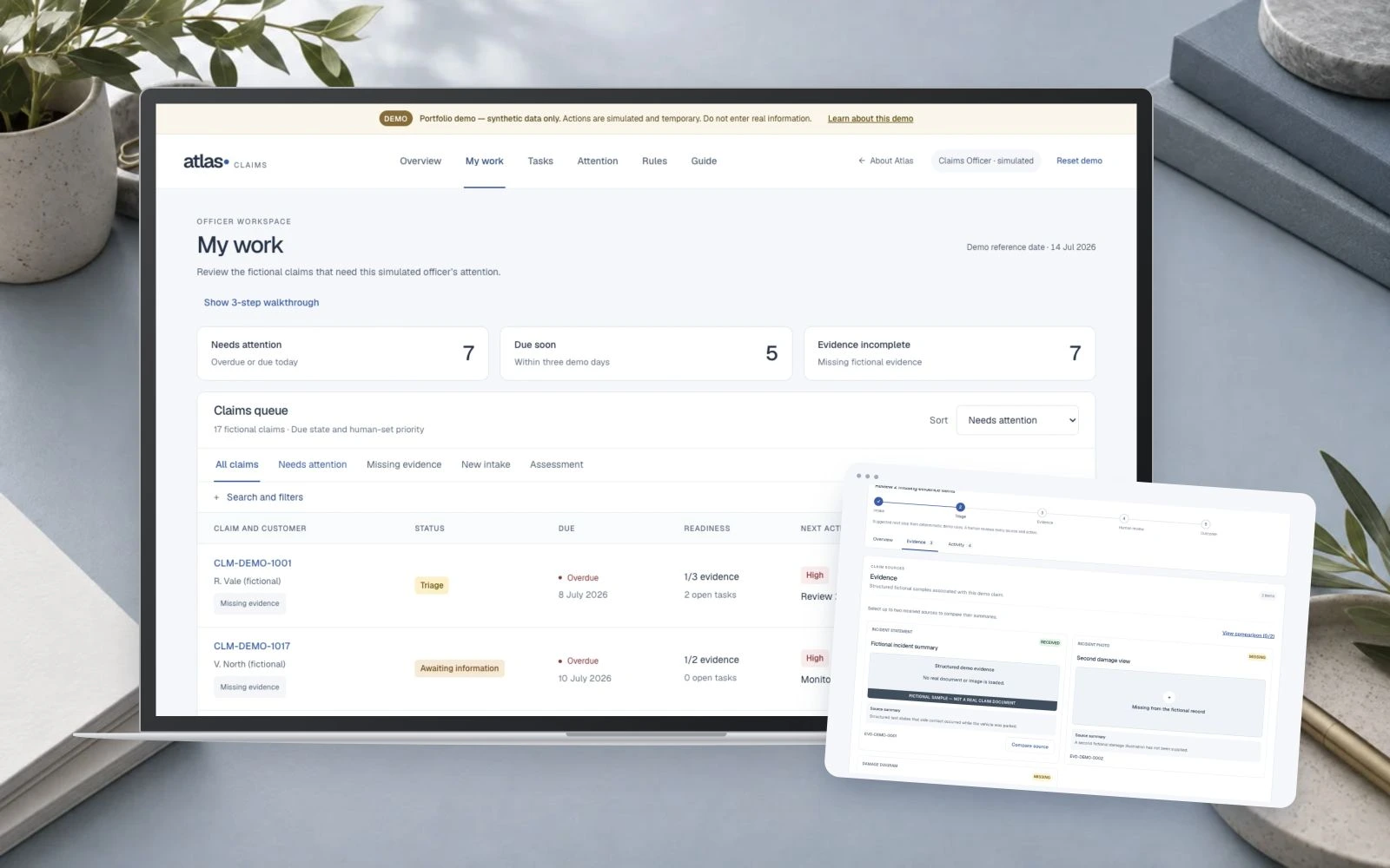 Atlas Claims demo workspace on a laptop with a separate evidence-review panel