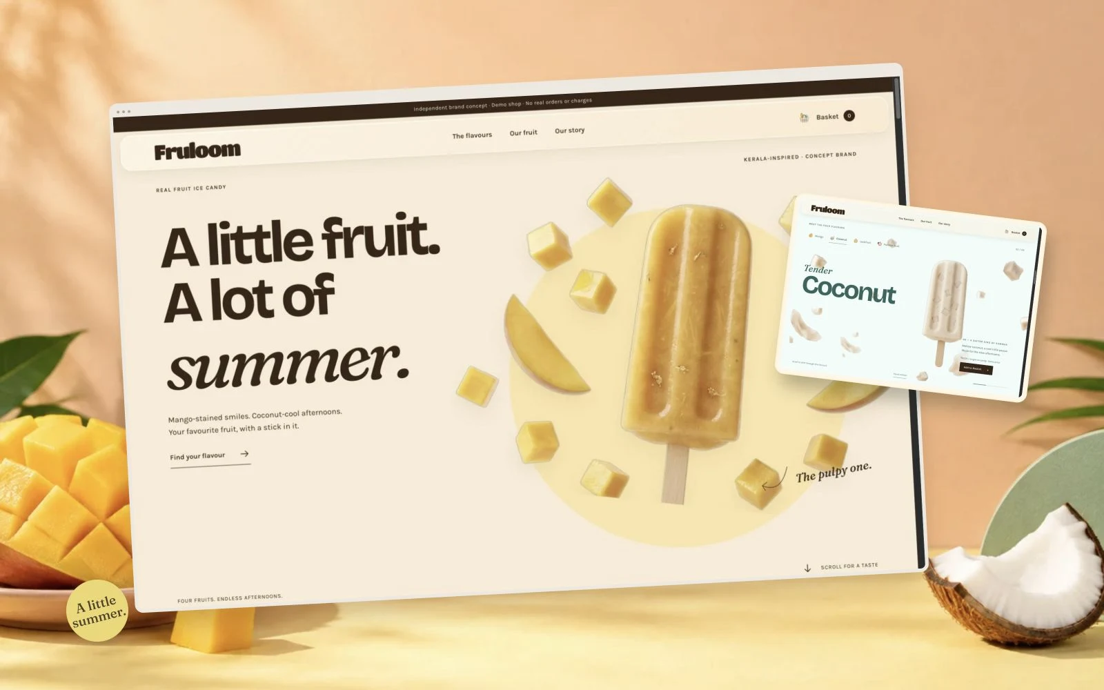 Fruloom homepage and coconut shopping screen in a colourful fruit setting