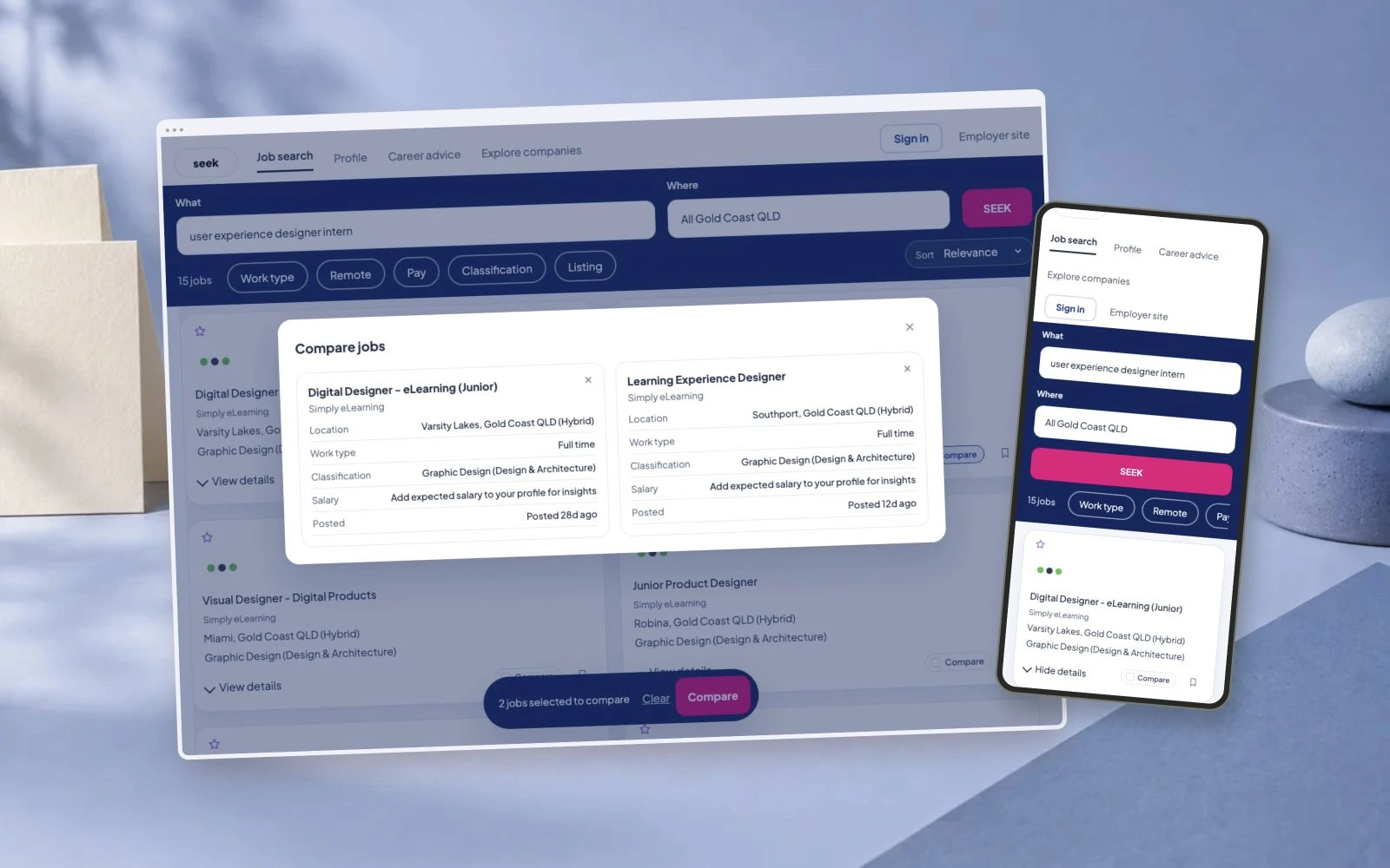 SEEK job comparison and mobile search screens in a blue studio setting